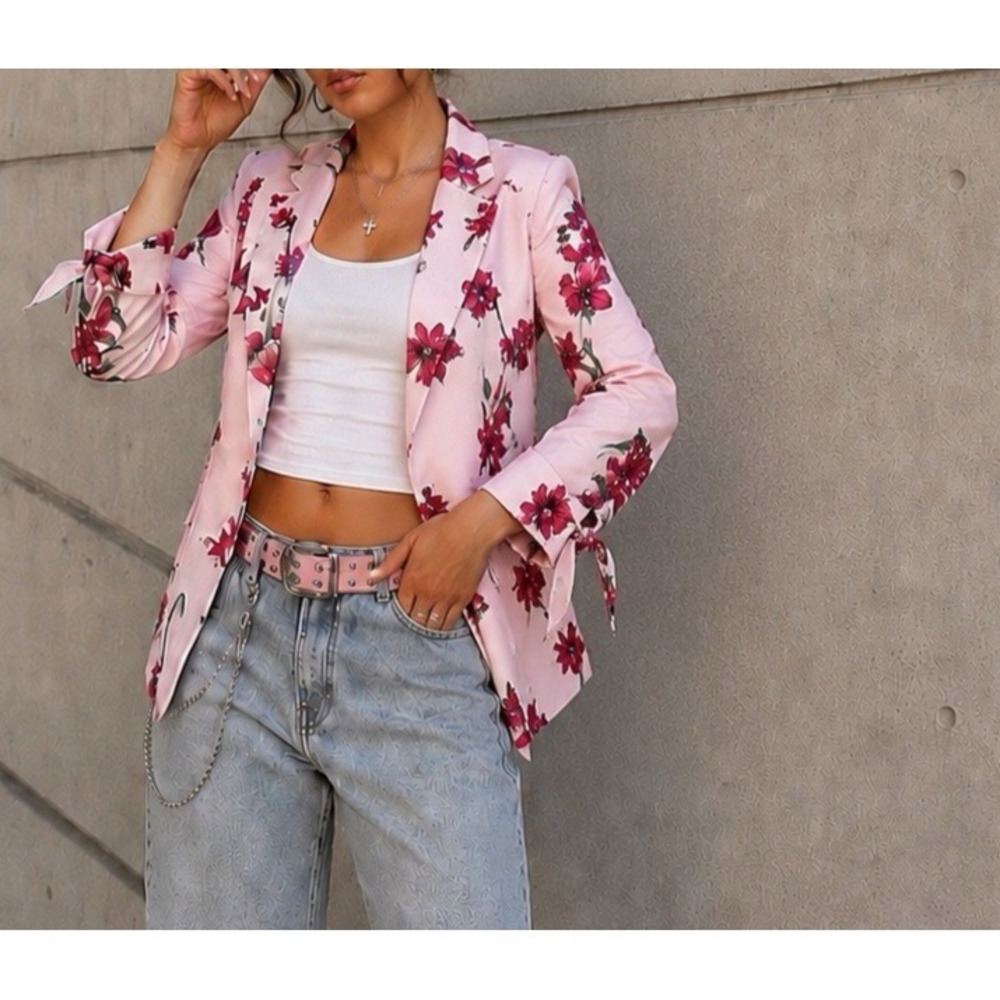 Anne Klein Pink Floral Blazer XL Tie Sleeve Spring Jacket